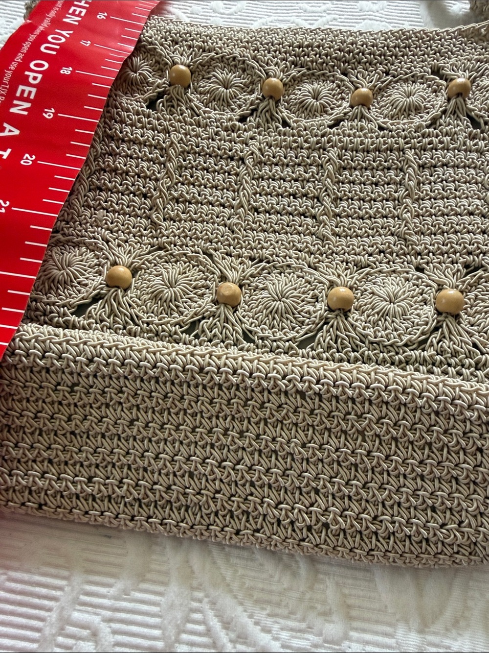 Handcrafted Taupe Crochet Crossbody Bag with Wood Bead Accents - Picture 7 of 7